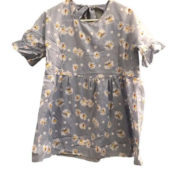 Shein Top Womens Large Blue Daisy Print Ruffle Sleeve Drawstring Blouse Tie - Picture 1 of 5